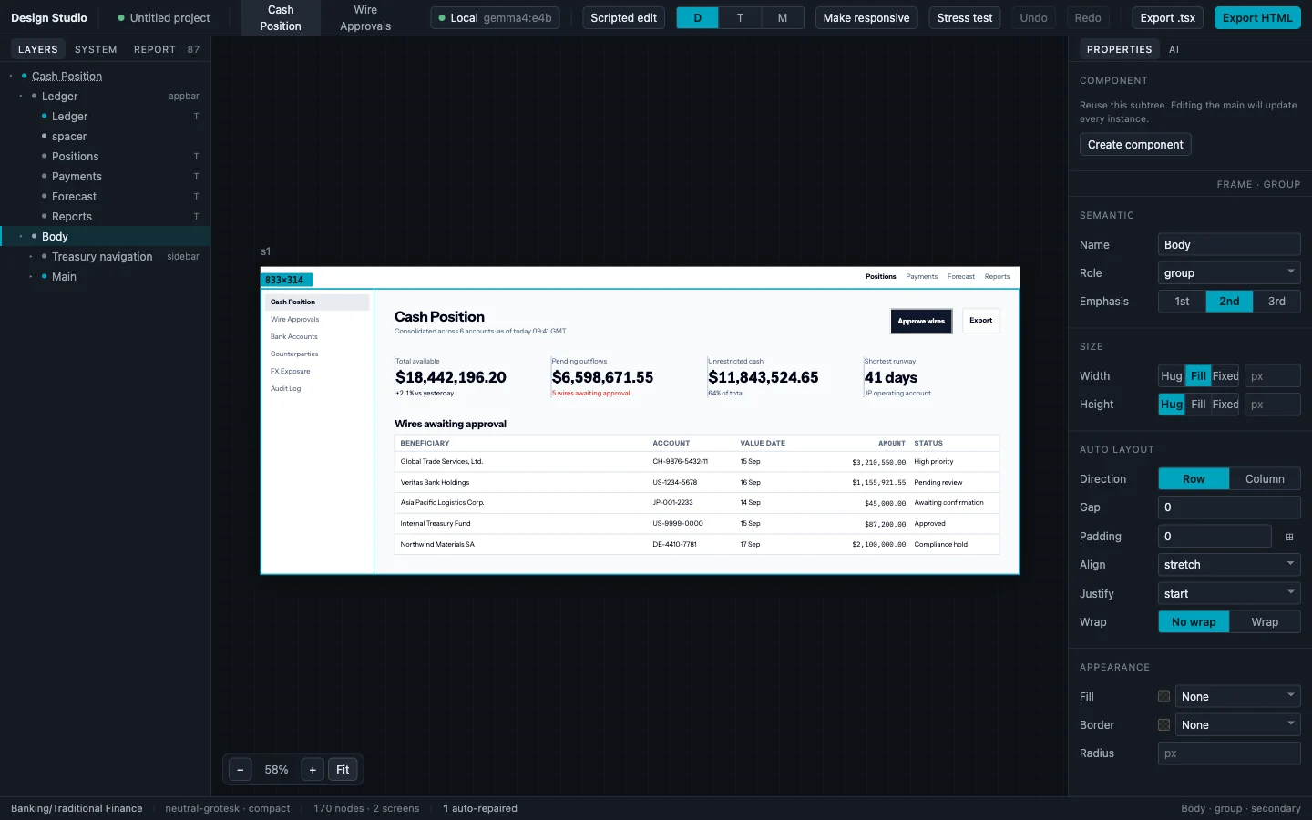 Design Studio, a Figma-style board with layers and properties