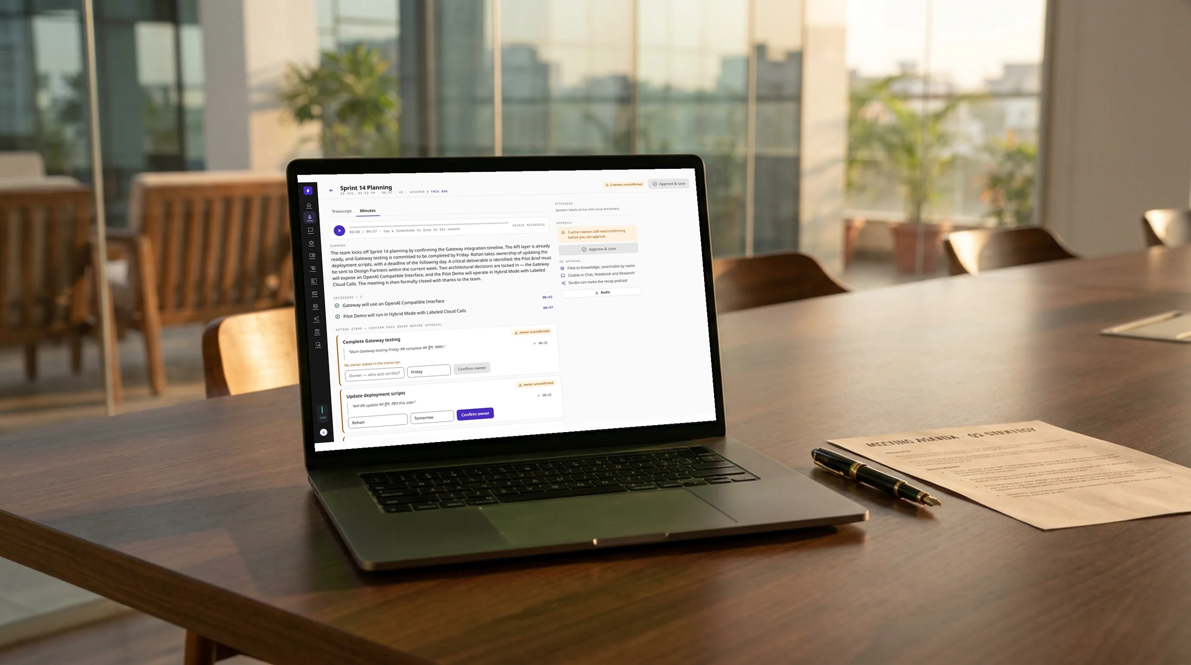 Meetings: a real screenshot of today’s build on a screen, in a generated office setting
